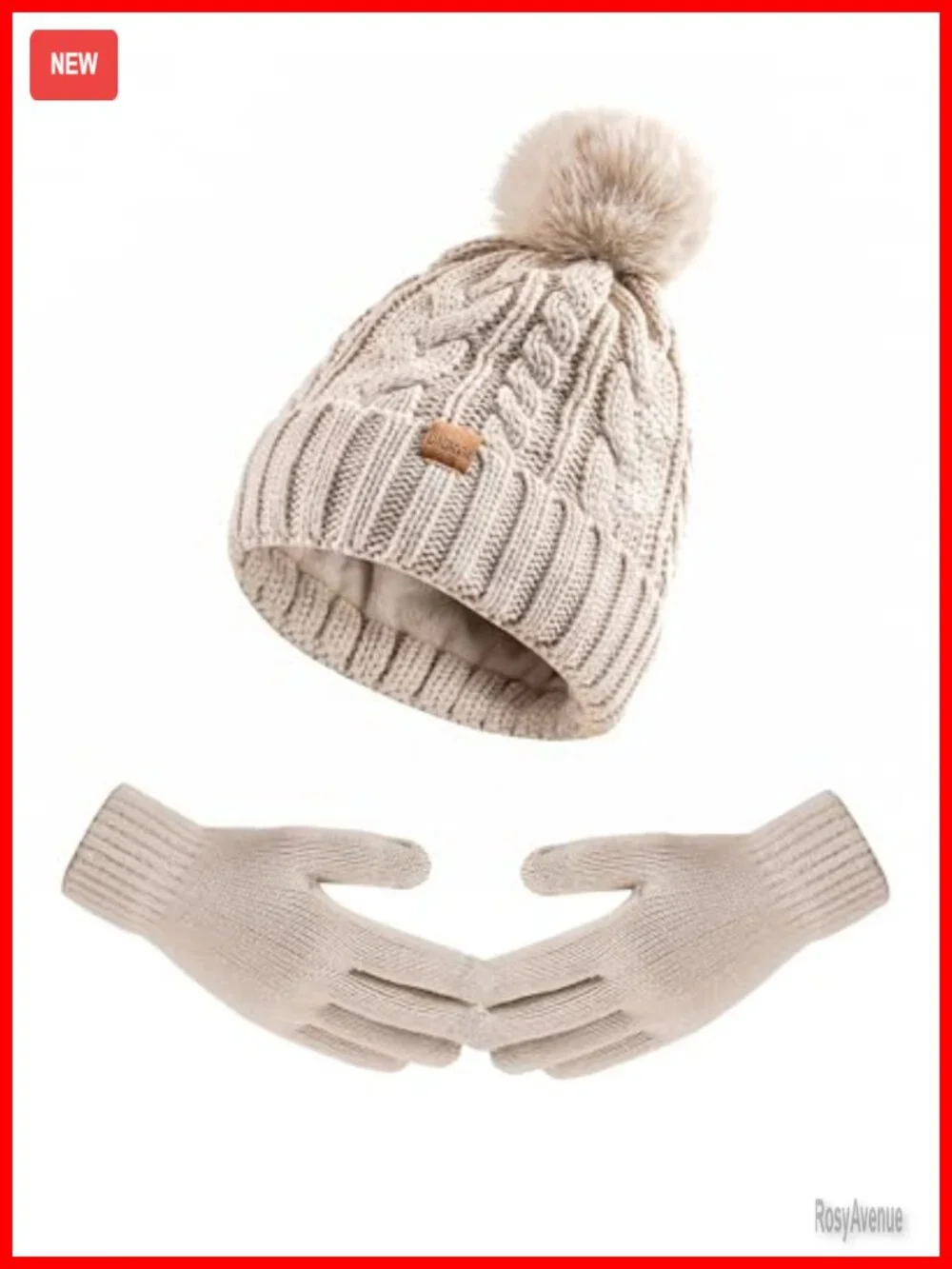 Winter Beanie Hat Gloves Set, Pom Pom Fleece Lined Hat Knit Touchscreen Gloves